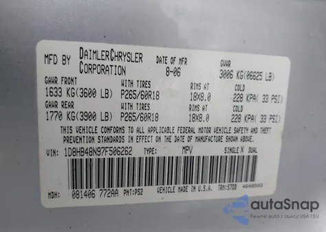 2007 Dodge Durango Slt z USA, uszkodzony, nr VIN 1D8HB48N97F506262